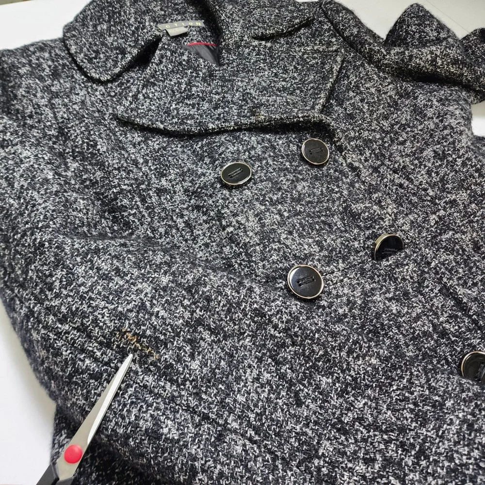 Kenneth Cole Reaction Womens Tweed Wool Blend Pea Coat Jacket Large‎ Black White